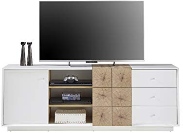 Robas Lund Lowboard weiß matt, Wohnzimmerschrank TV Möbel mit Absetzung Eiche Hirnholzoptik, BxHxT 179x65x40 cm