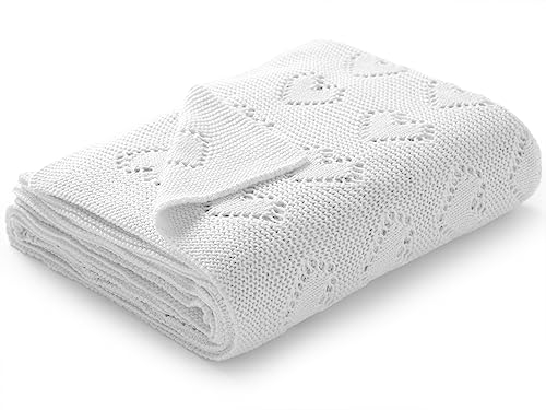 mimixiong Babydecke aus 100% Baumwolle - kuschelige Strickdecke ideal als Neugeborene, 100 x 80 cm (Weiß)