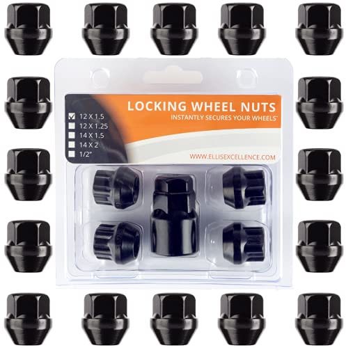 Ellis Excellence Set of 16 Alloy Wheel Nuts, Plus 4 Locking Nuts, Tapered & Open Ended, Compatible With Ford, M12 x 1.5 (Black)