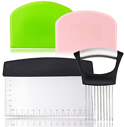 Bosoirsu Lot de 4 supports à oignons et grattoir en acier inoxydable multifonction pour cuisine, bol à pâte en plastique, râteau à pain, coupe-oignon pour trancher les pommes de terre et légumes