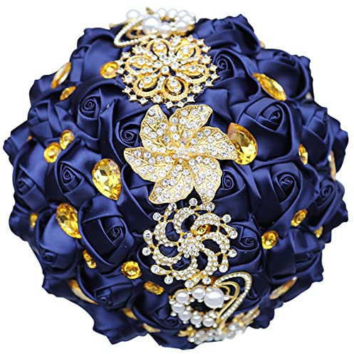 XINNI Luxury Gold Rhinestone Bridal Wedding Bouquet Bride Bridesmaid Satin Rose Flower Bouquet Wedding Decoration Navy Blue