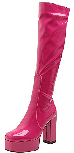 Onewus Moda donna plateau stivali alti al ginocchio con pizzo arrotondato, Fucsia, 41 EU