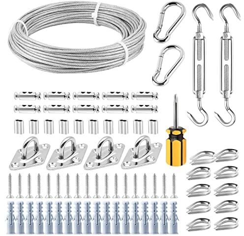 FSHIHINE Sonnensegel Befestigung Kit, 20M Edelstahl Drahtseil 3mm, 304 Edelstahl Sonnensegel Befestigungsset mit 2 M5 Spannschloss, Ösenschraube, Seilklemme - Markisen Hardware Kit