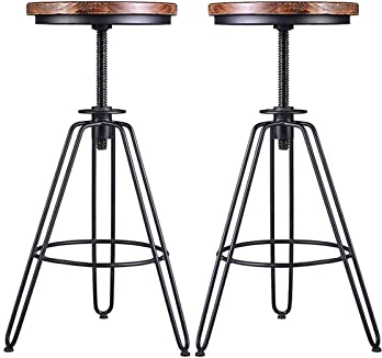 FMHOME Industrieller Barhocker, 2er-Set, Holzstuhl Metallrahmen Drehbare Barhocker Höhenverstellbar Frühstücks-Bartisch Und Hocker-Set for Küche