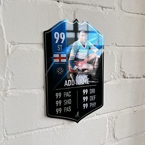 ShopQuality4U Mirror Finish Personalise Football Card Player Stats Shield - Blue Background Printed Metal Shield Sign Wall Art A3 Player Add Name (40x25cm)