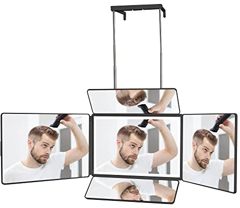 Treesunshine 5 Wege Klappspiegel Spiegel mit led Portable, 360° Spiegel Haare schneiden DREI Farbverstellung, Hängespiegel zum Selbsthaarschneiden Gesicht schminken Sich Höhenverstellbarer