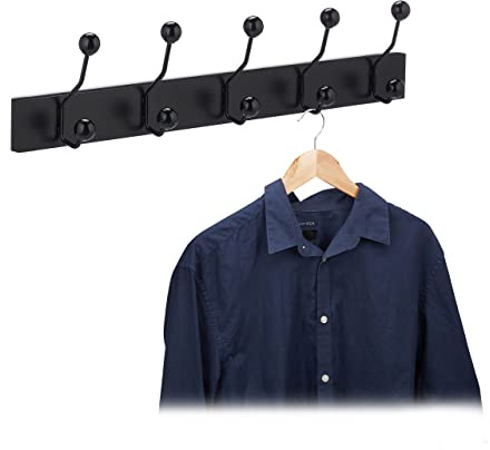 Relaxdays Coat Rack, 14 x 65 x 7 cm, 5 Double Hooks, Wall-Mounted, Hallway & Entrance, Convenient Storage, Black, Fibreboard