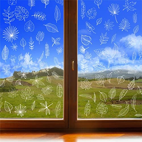 90 Stück Blatt-Fensteraufkleber, doppelseitige weiße Blätter-Aufkleber, 90 Designs, wiederverwendbare Fensteraufkleber, Vogelalarm, statische Aufkleber für Fenster, verhindern Vogelschlag (9 Blatt)