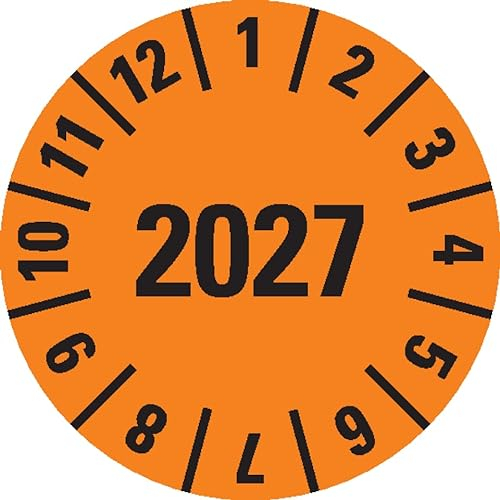 Dreifke® Prüfplakette 2027, orange, Dokumentenfolie, selbstklebend, Ø 15mm, 60 St/Bogen