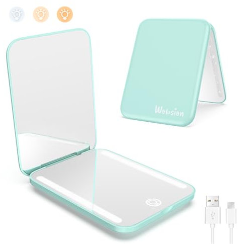 WOBSION Travel Makeup Mirror with Light, Dimmable Compact Mirror for Pocket, Small Mirrors for Handbag, 1x/3x Magnifying Portable Led Mirrors for Women, Rechargeable, Gifts for Girls, Cyan