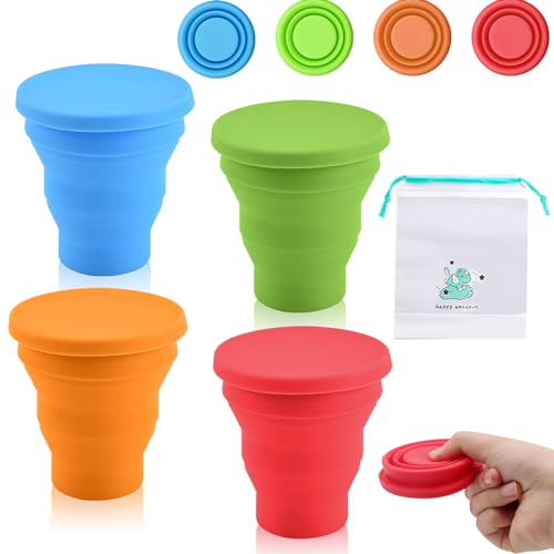 BORISCA 4 Pezzi Bicchiere Pieghevole Silicone, 200ML Bicchiere Pieghevole da Viaggio Tazza Pieghevole in Silicone per Viaggio Campeggio Escursionismo e Lavoro