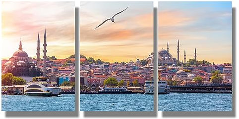 3-teiliges Leinwandbild, die Süleymaniye-Moschee und die Rustem-Pascha-Moschee, Wanddekorationen für Wohnzimmer, Bosporus, Istanbul, Türkei, Heimdekoration, gespannt und gerahmt, fertig zum Aufhängen,