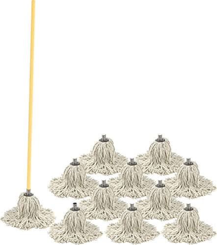 Sterling Ventures Cotton String Mop Heads Set Of 10 (1 EXTRA MOP FREE MS PY14 - Metal) With Wooden Handle 120cm Strong Lightweight Easy to Use Replacement Head for Home & Ofice Effective Cleaning
