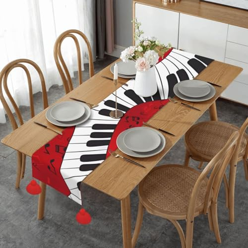 Tischläufer mit Musiknoten-Klavier-Design für Esstisch, Dekoration, 35,6 x 152,4 cm, Tischläufer mit Quasten, Boho, Bauernhaus, Tischläufer für Küche, Zuhause, Weihnachten, Halloween, Party, Urlaub,