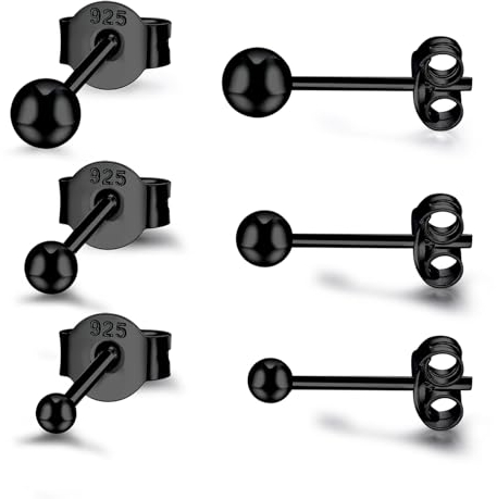 CERSLIMO Ohrstecker Schwarz Set, Ohrringe Sterling Silber Ball Runde Stecker 2mm 3mm 4mm Klein Geschenke für Damen Frauen Herren Mädchen