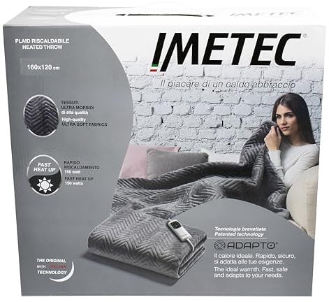 Imetec Caldo Plaid Herringbone 16977, Plaid Riscaldabile, Morbida Coperta Elettrica, 160x120 cm, Tessuto Double Face, Risparmio Energetico, Tecnologia Adapto, 6 Temperature, Lavabile, Grigio