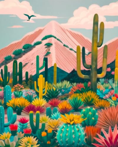 TISHIRON Peinture par numéros DIY pour adultes et enfants 40 x 50 cm - Cactus abstraits et désert de montagne - Peinture acrylique de haute qualité, toile texturée, instructions de peinture numérotées