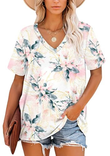 MOLERANI t-Shirts pour Femmes à Manches Courtes col en V rayé Hauts d'été décontracté Ample t-Shirt(Floral Blanc Rose,M)