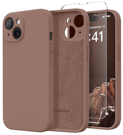 SuydanBox Magnetische Hülle für iPhone 14, Kompatibel mit MagSafe, [vollständiger Kameraschutz] [Displayschutzfolie] Stoßfeste Silikon-Schutzhülle für iPhone 14 6,1 Zoll, Braun