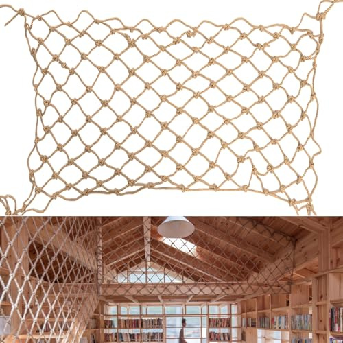 Rete in corda di canapa, resistente, in iuta naturale, per arrampicata, per balcone, scale, recinzione, giardino, parco giochi, rete di protezione per interni ed esterni (1,2 x 2,4 m)
