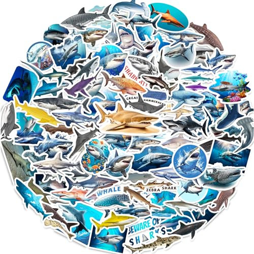 100 PCS Realistic Shark Stickers, Ocean Shark Party Favors Shark Birthday Party Decoration Supplies Under Sea Shark Vinyl Stickers for Bicycle, Water Bottle, Laptop, Computer, Luggage, Skateboard