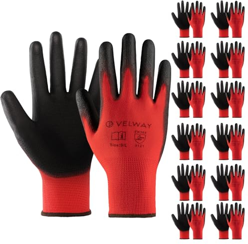 Velway 12 Paar Arbeitshandschuhe Mechaniker Handschuhe - Größe 9 Leichte Damen Gartenhandschuhe Rutschfeste mit PU-Beschichtete Herren Montagehandschuhe Atmungsaktive Handschuhe EN388 - Rot