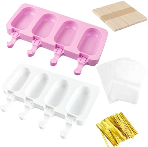 Gotetiso 2 Piezas Grandes Moldes de Helados de Silicona 4 Cavity Juego de Moldes Molde para Hielo Popsicle Moldes Sin BPA para Paletas de Hielo 50 Palos Madera 50 Bolsas De Embalaje 50 Bridas DIY