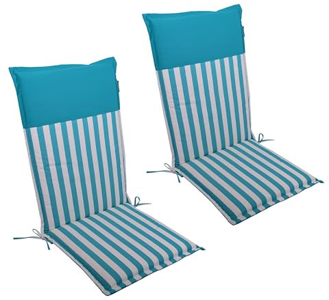 LILENO HOME Gartenstuhl Auflagen als [2er Set - Hochlehner] in Streifen Aqua - Uni Aqua - Bequeme Liegen als Sitzauflagen für Gartenmöbel - Stuhlkissen für Gartenstühle Malt