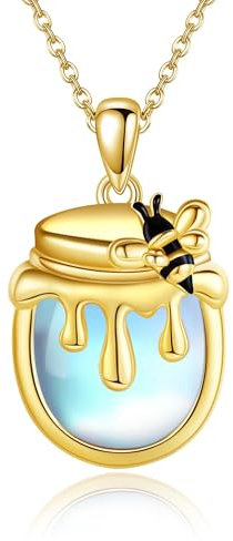 HUKKUN Biene Halskette Sterling Silber Mondstein Honig Biene Anhänger Halskette für Frauen Bienenschmuck für Frauen