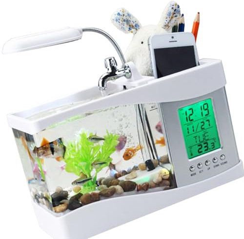 Yusat Aquarium-Uhr, Multifunktionale USB-ökologische Lampe, Desktop-Aquarium-Aquarium-Kalender Büro, Schlafzimmer (Weiß)