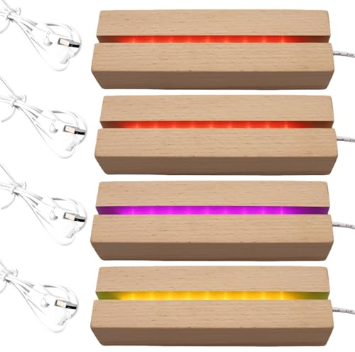4 unidades de zócalos LED de madera, base de luz LED y USB, adornos para placa acrílica y cristal (15 cm)