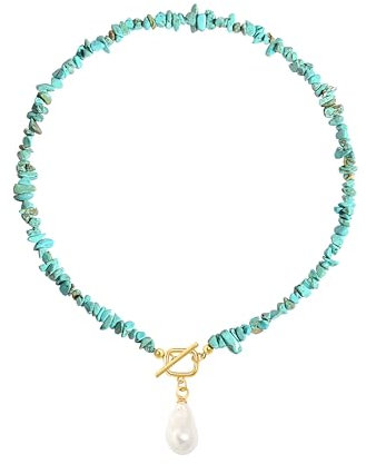 Aobei Pearl Boho Statement Türkis Choker, zierliche Barock Perle Anhänger Halskette, Trendy Türkis Schmuck für Sommer