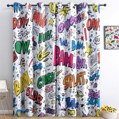 Vorhänge Comic-Graffiti-Alphabet Dekor Blickdichte Vorhänge Gardinen mit Ösen, Bunt Vorhänge Weich Verdunklungsvorhänge Wohnzimmer Schlafzimmer, H166 x B75 cm (2er Pack) Vorhang