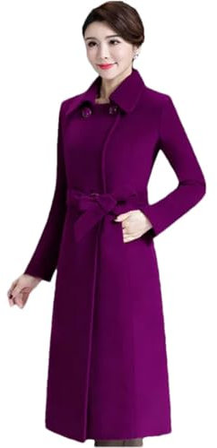 Abrigo largo de mezcla de lana para mujer, con cordones, cintura delgada, ropa de abrigo, color fucsia, talla XL, fucsia, XL