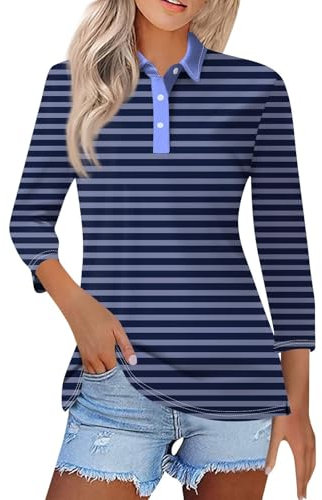 Striped Golf Shirts for Women Oversized Long Sleeve Lapel Casual Premium Cotton Pique Polo Shirts Collared Work Shirts Tops Regular Fit Stretch Breathable Lightweight Sport Golf Tennis T-Shirts