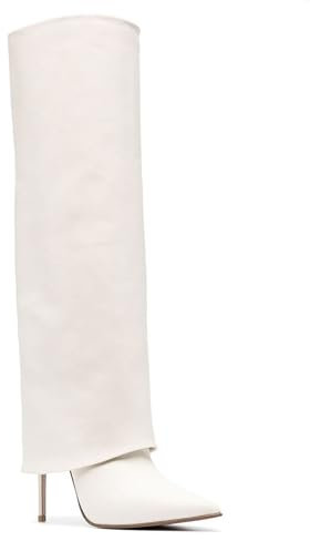 Stivali da Donna con Tacco a Spillo e Pieghe sopra Il Ginocchio Stivali Alti con Punta a Punta e Tacco Alto Stivali Alti in Pelle Morbidi e alla Moda Stivali Eleganti e Sexy,Bianca,40 EU