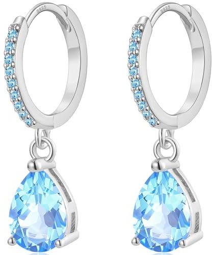 MASOP Creolen Silber 925 11mm mit Anhänger Hell Blau AAA Zirkonia 9mm Silberohrringe Wassertropfen Stein Hängend Klein Schmuck Geschenke für Damen Freundin Frauen Mädchen