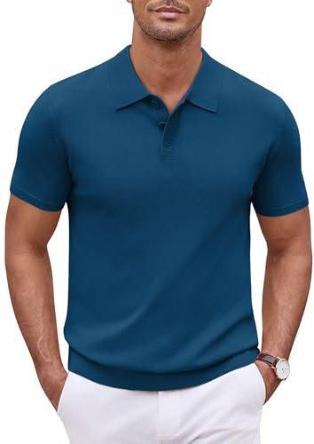 COOFANDY Mens Polo Shirt Casual Short Sleeve Knitted Golf Shirt Basic Summer Poloshirts Solid Color Denim Blue L