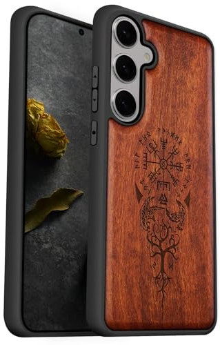 Carveit Natürlich Holz Handyhülle für Samsung S25 hulle [Einzigartiges Design Cover] Stoßstange Case Kompatibel mit Galaxy S25 Hülle（Pflaumenfarbe-Wikingerkompass Vegvisir）