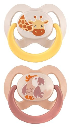 babynova Silikon Schnuller 2er-Set mit Sterilisationsbox - Größe 2, 6-18 Monate - kiefergerechter Nuckel – BPA-frei – Made in Germany - Giraffe & Papagei
