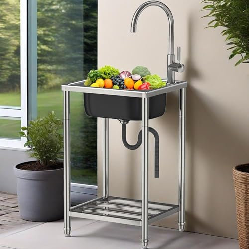 Lavello in Cucina Acciaio Inox Autoportante 1 Vasca Interno e Esterno Vasca singola Lavandino Commerciale Vasca singola con Caldo e freddo Rubinetto per Lavanderia/Ristorante/Giardino/Garage