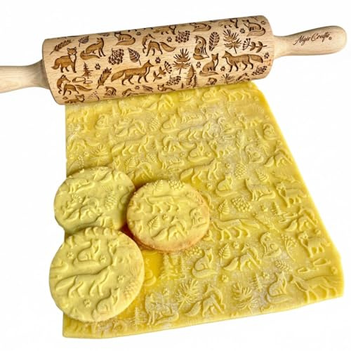 FUCHS Gravierte Teigrolle & Nudelholz aus Buchenholz– Fuchsen Wald Muster– Handgefertigt, Tiefe Gravur– Für Kekse, Fondant, Ton, Salzteig, Basteln– Mit Rezeptblatt