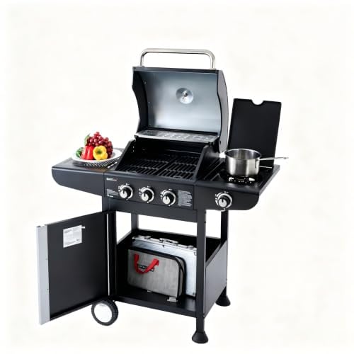 Royal Gourmet Barbecue Gaz à 3 Brûleurs avec Brûleur Latéral, Gril à Gaz sur Chariot de Puissance 11,5 KW avec 2 Grille en Fonte et 2 Tables d’Appoint, Adapté pour Jardin et Extérieure, Noir
