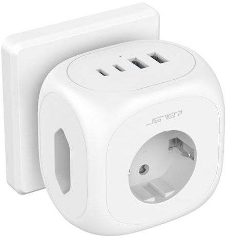 Mehrfachstecker für Steckdose, JSVER Steckdosenwürfel mit 4 USB(2 USB C), Steckdosenadapter Power Cube Tragbar Steckdosenleiste 3-Fach Mehrfachsteckdose USB C für Zuhause/Büro/Reisen-Weiß