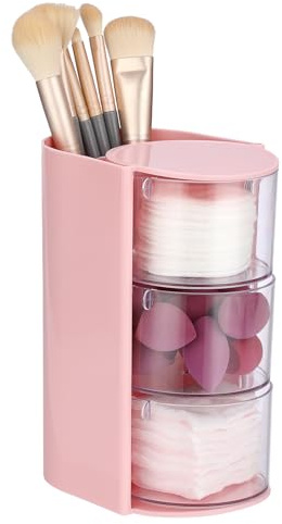OLegei 3-Layer Hair Accessories Organizer with Hair Brushes Holder, Pink | Rotatable Trinket Box for Ring, Earring, Desktop&Bathroom Organizer Deawer for Makeup Brushes, Hair Accessories, Cotton Swab