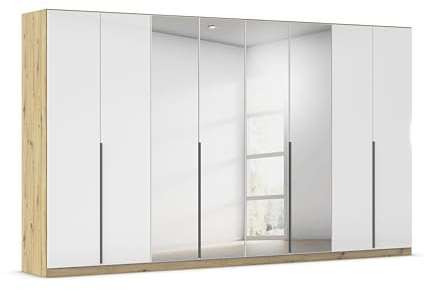 Rauch Möbel Alabama, Schrank, Hochglanz Weiß/Eiche Artisan, Breite 360 cm | Kleiderschrank, 8-türig, mit Spiegel, Zubehör Basic, für Schlafzimmer, Kinderzimmer, Ankleidezimmer, Garderobe, Flur