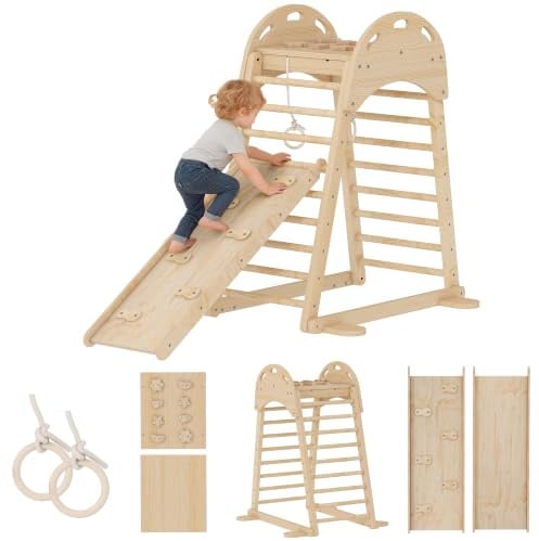 AIYAPLAY 6 en 1 Triángulo de Escalada Montessori de Madera Tobogán Natural | Estructura de Escalada, Plataforma, Anillos, para Deslizarse o Escalar, para Niños de 18-48 Meses, Interiores
