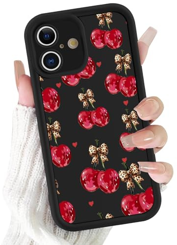 Tivkofk Phone Case for iPhone 16 6.1'', Cute Aesthetic Girly Cherry Leopard Bow Black Design Case, Camera Protection Soft Slim TPU Shockproof Protective Cover for Girls Women