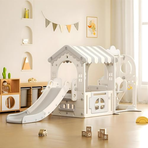 Warmiehomy 7-in-1 Kids Playhouse with Slide & Swing, Indoor Toddler Slide Garden Toys, Slides for Kids 1-5Climber Playset with Building Block Table, Basketball Hoop & 60PCS Blocks, Beige Grey