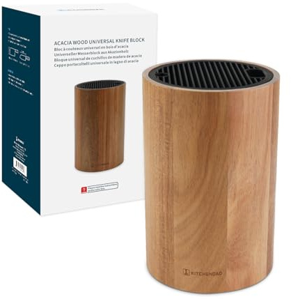 KITCHENDAO Universal Knife Block Without Knives, Acacia Wood Knife Holder, Space-Saving Round Knife Storage Organizer for Countertop, with Slots for Scissors and Sharpening Rod